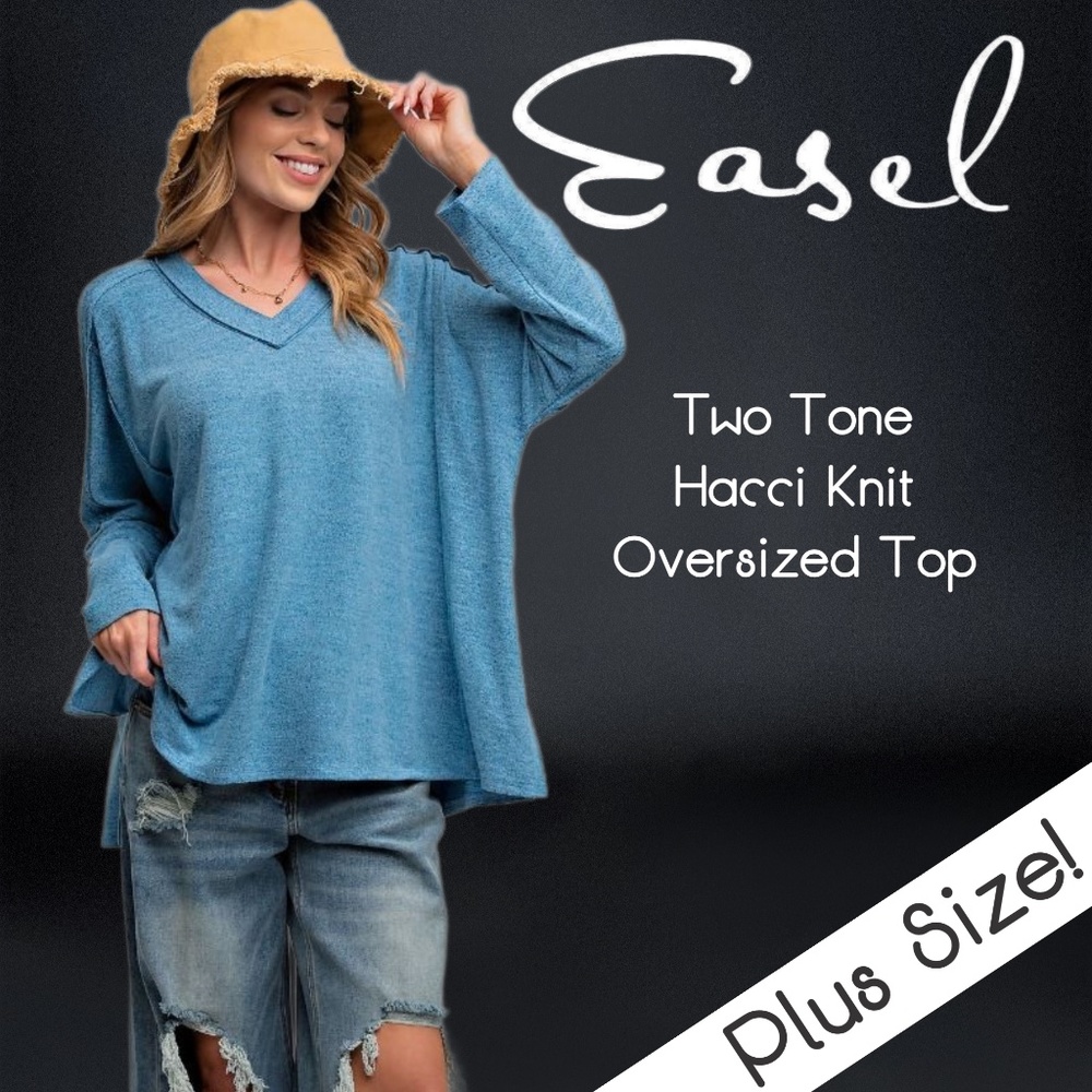 EASEL Loose Fit V-Neck Tunic-Style Lightweight Soft Comfy Top, Side Slits V-Neck